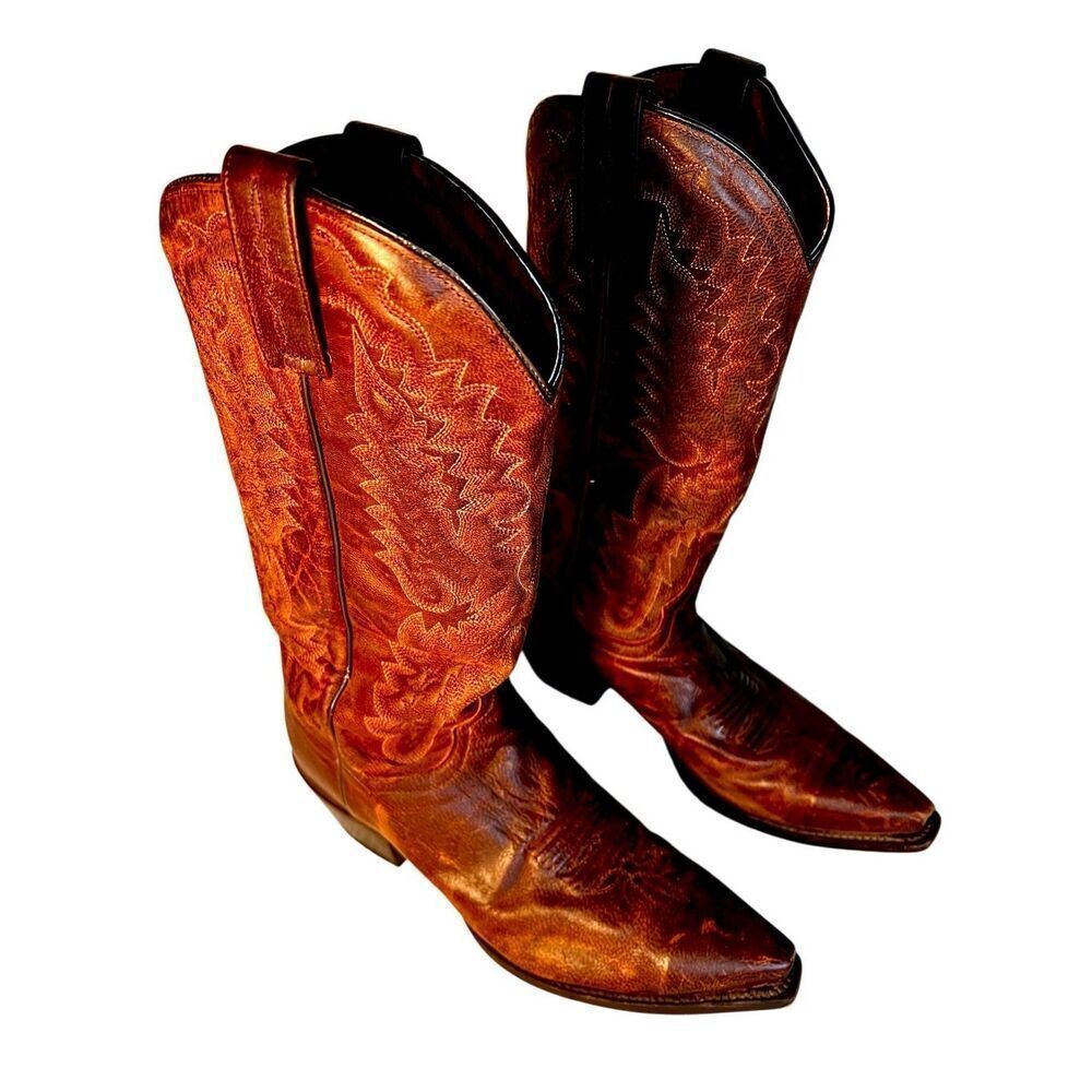 VTG Cowboy Boots Dan Post Wom Sz 8.5 Western Wear Embroidery Stitch Detailed-Boh